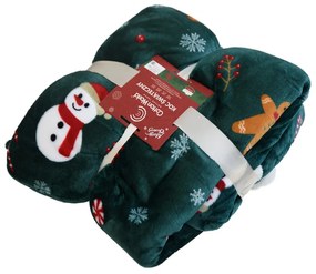 Vianočná tmavozelená baránková deka z mikroplyšu SNEHULÁK A PERNÍČEK Rozmer: 200 x 220 cm