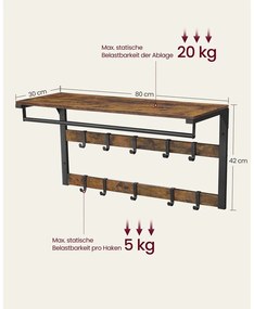 Nástenný vešiak s policou a vešiakovou tyčou, 10 háčikov, čierna, tmavo-hnedá farba, 42x80x30cm