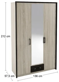 Trojdverová šatníková skriňa so zrkadlom Seina W-3D - dub sonoma / wenge magic