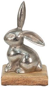 Dekorácia strieborný kovový králik na drevenom podstavci - 11*10*20 cm