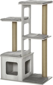 PawHut Viacúrovňový Škrabací Strom pre Mačky s Domčekom a Jutovými Lanami, 67x38,5x114 cm, Šedý | Aosom