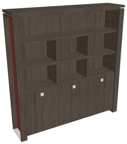 Vysoká skriňa Verno+ S 200 x 46 x 210 cm, s regálom, dub antracit / červená