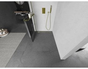 Mexen Kioto+, sprchová zástena Walk-In s poličkou a vešiakom 80 x 200 cm, 8mm číre sklo čierny vzor, zlatý matný profil, 800-080-121-55-77