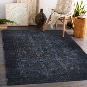 ANDRE 1058 umývací koberec Ornament, protišmykový - čierna / modrý Veľkosť: 120x170 cm