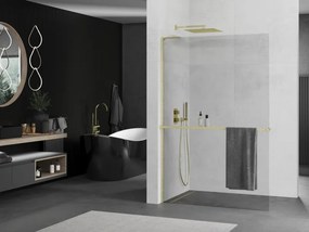 Mexen Kioto+ L, sprchová zástena Walk-In s poličkou a vešiakom 90 x 200 cm, 8mm číre sklo, zlatý matný profil, 800-090-123-55-00