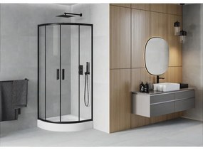 Mexen Rio, štvrťkruhový sprchovací kút s posuvnými dverami 80 x 80 cm, 6mm číre sklo, čierny profil + biela vysoká sprchová vanička Rio, 863-080-080-70-00-4710
