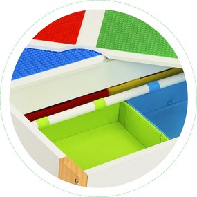 Detský drevený stôl s 2 stoličkami ECOTOYS – otočný blat, 4 úložné priehradky