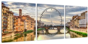 Obraz mesta s riekou (s hodinami) (90x30 cm)