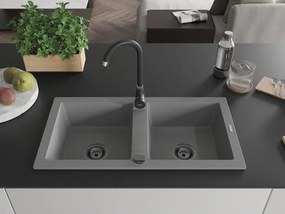 Mexen Mario, granitový drez 820x436x161 mm, 2-komorový, šedá s čiernym sifónom, 6504822000-71-B