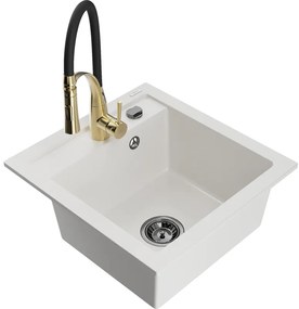 Mexen Matias, granitový drez 900x505x200 mm, 1,5-komorový a drezová batéria Aster, biela, 6502-20-73450-57-B