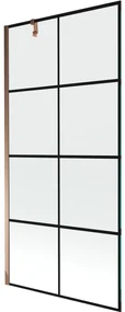 Mexen Next, vaňová zástena 1-krídlová 90 x 150 cm, fixné krídlo, 6 mm číre sklo s čiernym vzorom, ružové zlato profil, 895-090-000-00-77-60