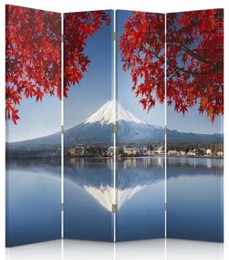 Ozdobný paraván Japonská sopka hora Fudži červená - 145x170 cm, štvordielny, klasický paraván