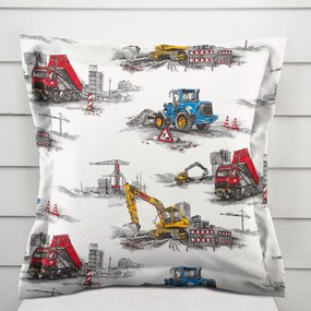 Biante Detská bavlnená obliečka na vankúš s lemom Sandra SA-578 Nákladiaky a bagre na bielom 50 x 50 cm