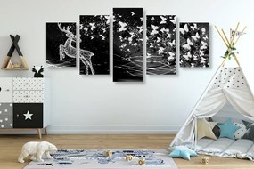 5-dielny obraz nádherný jeleň s motýľmi v čiernobielom prevedení - 200x100