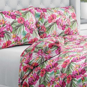 Biante Bavlnené posteľné obliečky Sandra SA-555 Ružovo-červené havajské kvety na bielom Jednolôžko 140x200 a 70x90 cm