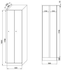 Kovová šatníková skrinka zúžená, 2 oddiely, 1850 x 500 x 500 mm, otočný zámok, modré dvere