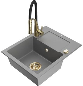 Mexen Enzo, 1-komorový granitový drez 576x465x174 mm a drezová batéria Aster, šedá, 6506-71-73450-57-G