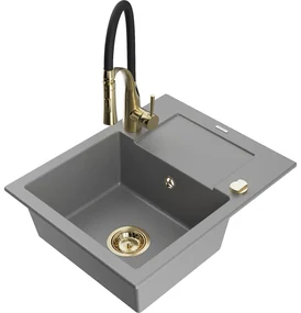 Mexen Enzo, 1-komorový granitový drez 576x465x174 mm a drezová batéria Aster, šedá, 6506-71-73450-57-G