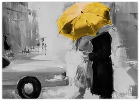 Obraz - Zamilovaný pár pod dáždnikom, žltý (70x50 cm)