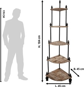 Vysoký rohový regál s drevenými policami Giranno - 45*45*184 cm