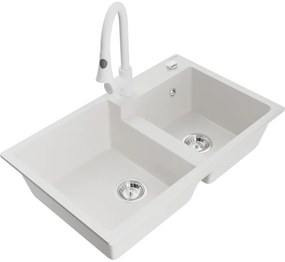 Mexen Tomas, 2-komorový granitový drez 800x500x190 mm a drezová batéria Elia, biela, 6516-20-670101-20