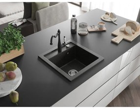 Mexen Vito, granitový drez 490x520x210 mm, 1-komorový a drezová batéria Carla, čierna-zlatá metalíza, 6503-75-670700-70