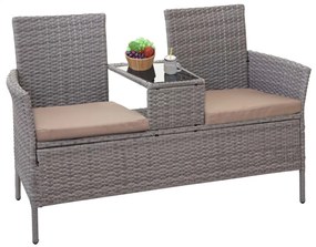 Záhradná lavica so stolíkom E24 - umelý ratan, 132cm - Sivá, sedáky krémová