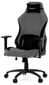 Herní křeslo, šedá látka, houpací mechanismus, polohování opěradla 90°-180°, 3D područky, polštáře z paměťové pěny, nosn