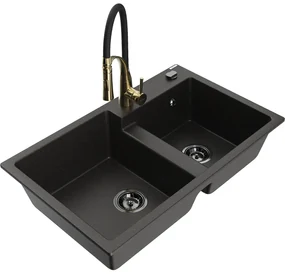 Mexen Tomas, 2-komorový granitový drez 800x500x190 mm a drezová batéria Aster, čierna-zlatá metalíza, 6516-75-73450-57-B