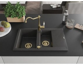 Mexen Gaspar, granitový drez 752x436x161 mm, 1,5-komorový a drezová batéria Carla, čierna škvrnitá, 6507-76-670700-50