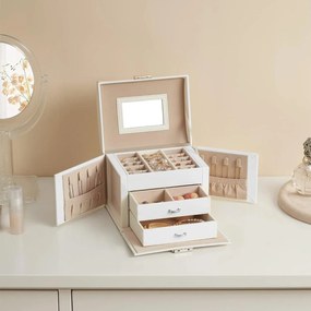 Šperkovnica, 3-úrovňová s 2 zásuvkami a s cestovným puzdrom, biela