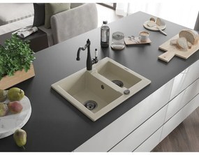 Mexen Carlos, granitový drez 582x475x177 mm, 1,5-komorový a drezová batéria Carla, béžová, 6518-69-670700-70