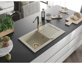 Mexen Pablo, 1-komorový granitový drez 752x436x161 mm a drezová batéria Flora, béžová, 6510-69-670401-57-G