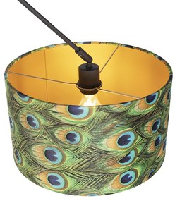 Závesné svietidlo čierne s plyšovým tienidlom páv s zlatom 35 cm - Blitz