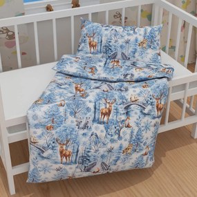 Biante Detské bavlnené posteľné obliečky do postieľky Sandra SA-674 Lesné zvieratá v zimnom lese na modrom Do postieľky 90x130 a 40x60 cm