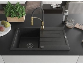 Mexen Bruno, 1-komorový granitový drez 795x495x200 mm a drezová batéria Aster, čierna-strieborná metalíza, 6513-73-73450-57-B