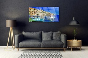 Skleneny obraz Loďky mesto more krajina 125x50 cm