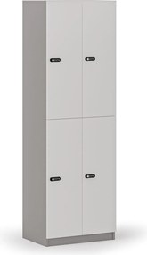 Drevená šatníková skrinka S4 s úložnými boxmi, 4 boxy, demont, mechanický kódový zámok, sivá/biela