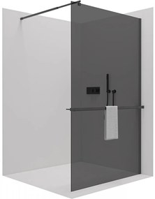 Cerano Onyx, sprchová zástena Walk-in 60x200 cm, 8mm šedé sklo, čierny matný profil + polička/držiak na uteráky, CER-CER-477395