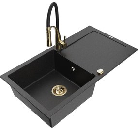 Mexen Leo, granitový drez 900x500x190 mm, 1-komorový a drezová batéria Aster, čierna-strieborná metalíza, 6501-73-73450-57-G
