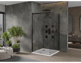 Mexen Omega, sprchovací kút s posuvnými dverami 100 (dvere) x 100 (stena) cm, 8mm číre sklo, čierny profil + slim sprchová vanička biela s čiernym sifónom, 825-100-100-70-00-4010B