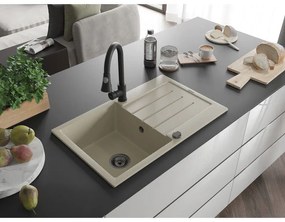 Mexen Bruno, 1-komorový granitový drez 795x495x200 mm a drezová batéria Elia, béžová, 6513-69-670101-70