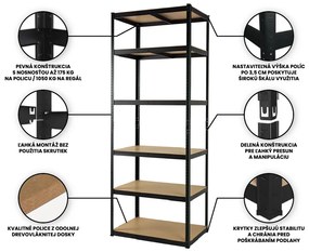 Fistar Regál 2400x1200x500 mm lakovaný 6-policový, nosnosť 1050 kg - ČIERNÝ