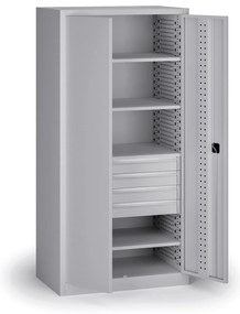 Policová dielenská skriňa na náradie KOVOS, 4 police, 4 zásuvky, perforovaná, 950 x 600 x 1950 mm, sivá