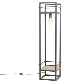 Priemyselná stojaca lampa čierna s drevenými prvkami - Cage Rack