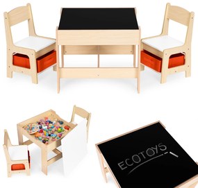 EcoToys Detská zostava nábytku, stôl + 2 stoličky, tabuľa ECOTOYS