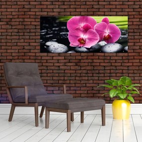Obraz - Ružové orchidey s palmovým listom (120x50 cm)