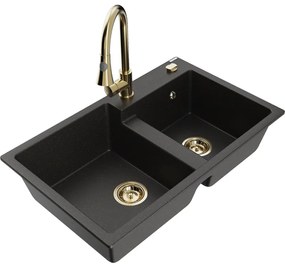 Mexen Tomas, 2-komorový granitový drez 800x500x190 mm a drezová batéria Elia, čierna-zlatá metalíza, 6516-75-670101-50