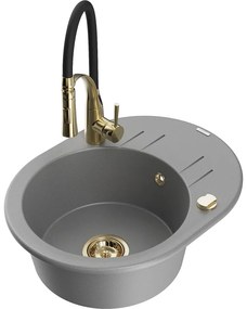 Mexen Kevin, 1-komorový granitový drez 586x458x190 mm a drezová batéria Aster, šedá, 6517-71-73450-57-G