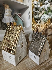 Béžová dekorácia porcelánový domček s Led svetielkami Christmas House M - 8*7*12 cm
